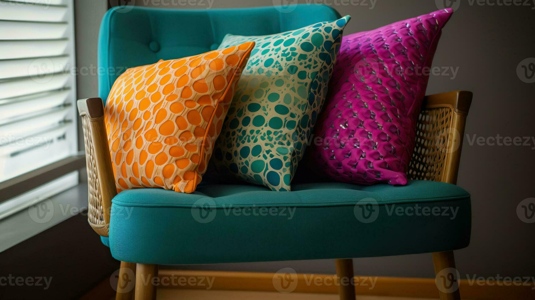 Stack of pillows on chair near color wall, AI Generative photo