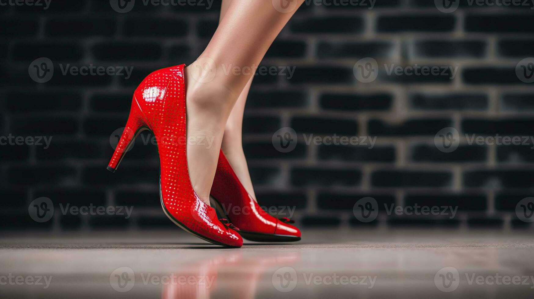 Sexy Red high heels. Fashion concept, catwalk. A modern and fashionable shoe store. on a white brick background, generative ai photo