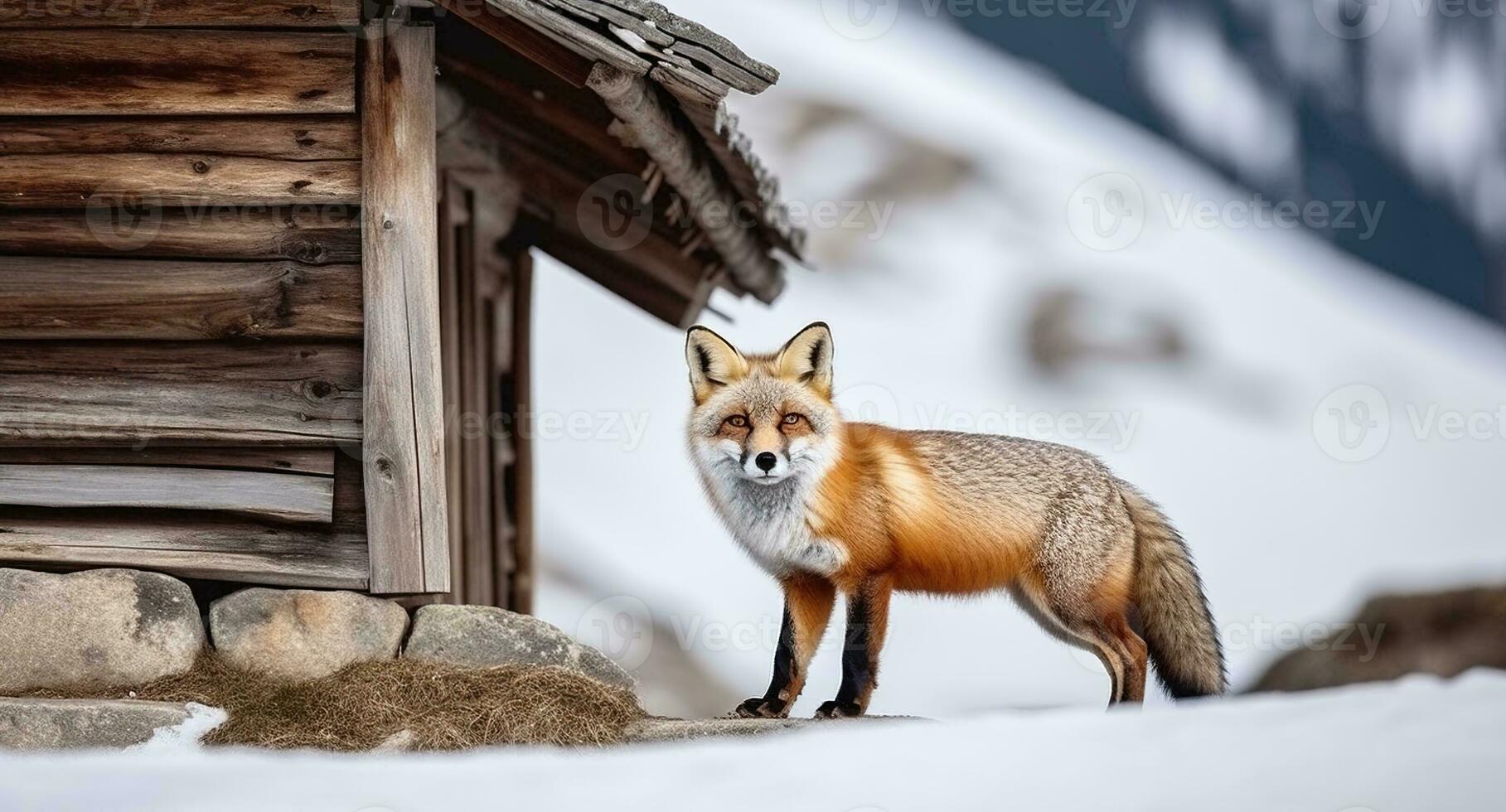 salvaje rojo zorro con largo piel y mullido cola en pie mirando a cámara en Nevado suelo en contra de madera cabina con registros en invierno naturaleza. generativo ai. foto