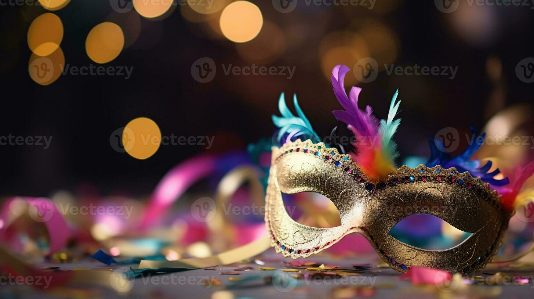carnaval máscara - fiesta mascarada con resumen desenfocado bokeh luces en brillante papel picado, generativo ai foto