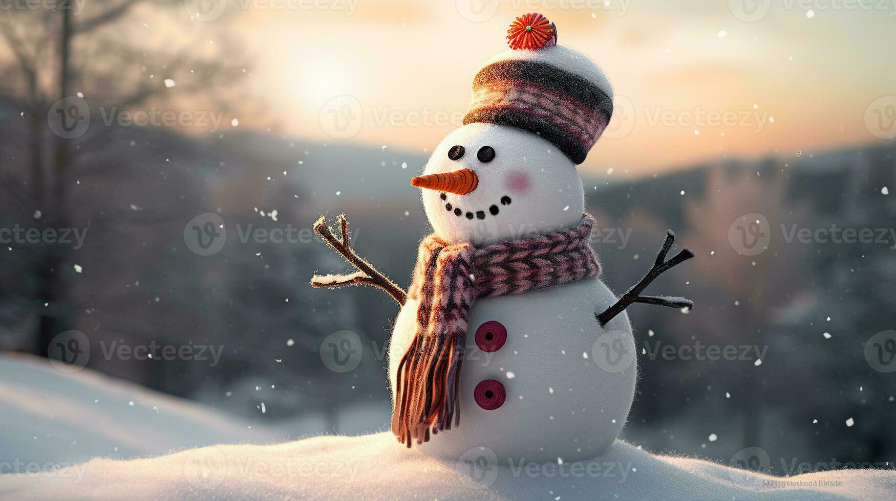 Welcoming the Season, Snowman with Scarf and Hat as Festive Winter or New Year's Decor, Generative AI photo