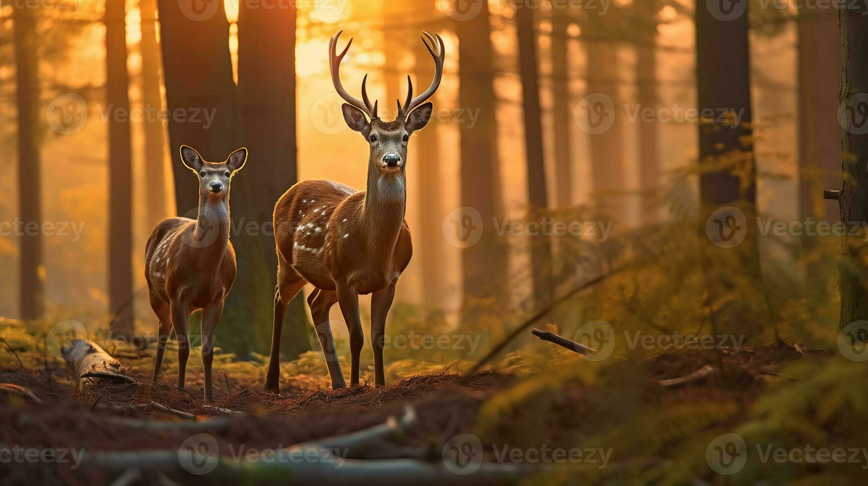 Deer and doe in the woods at sunset, in the style of photorealistic portraits, Generative AI photo