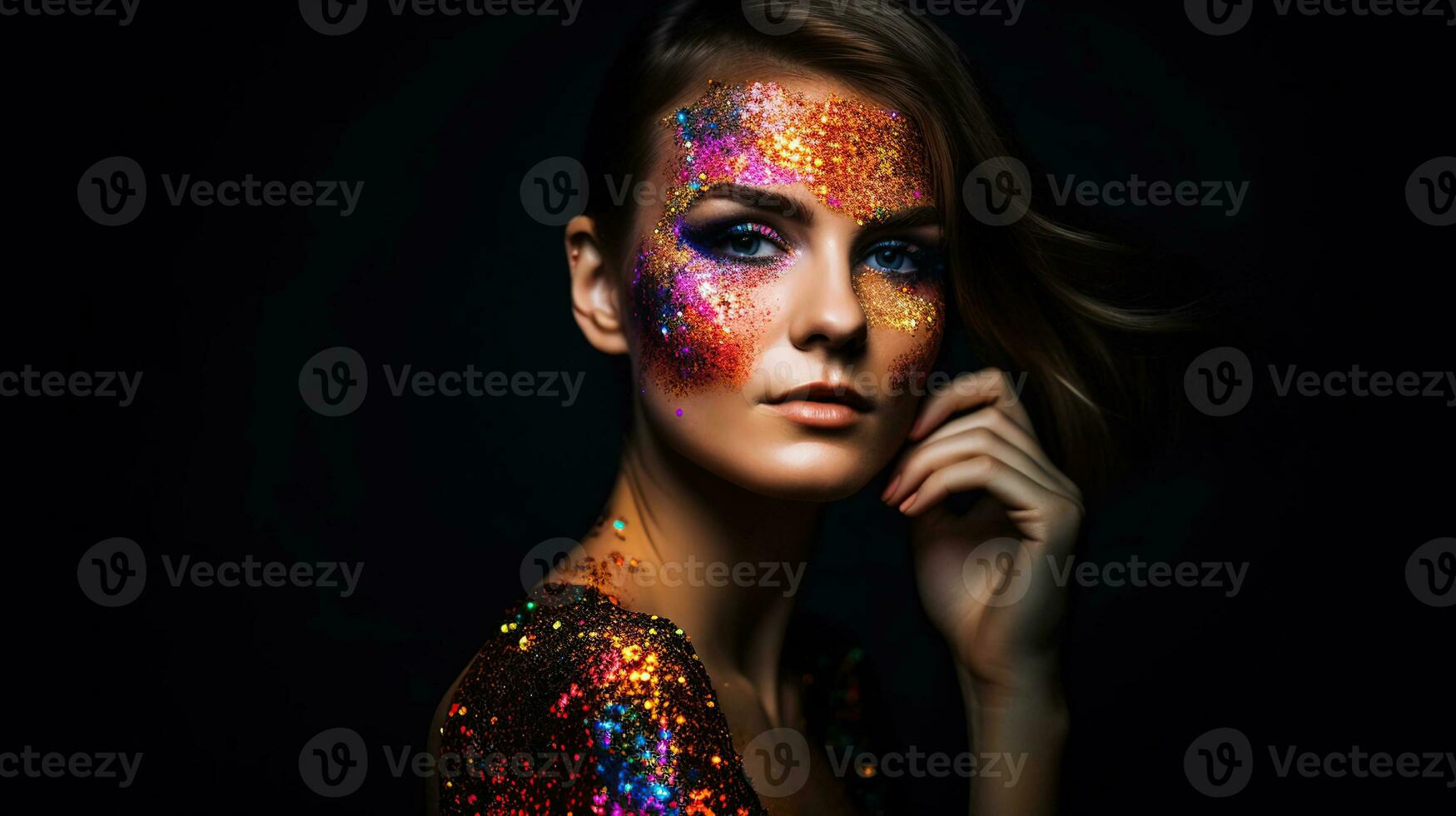 Fashion art portrait. Model girl in colorful bright sparkles and neon lights posing in studio, beautiful woman, trendy glowing sequins make-up. Design. Make up. Glitter Vivid makeup. Generative ai photo