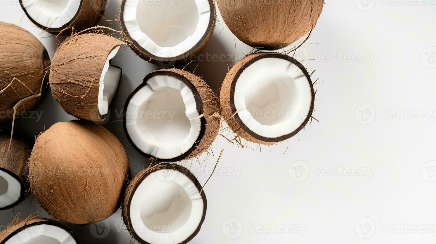 A coconuts, whole and cracked on halves, isolated on white background. Raw fruit of tropical palm. Generative AI photo