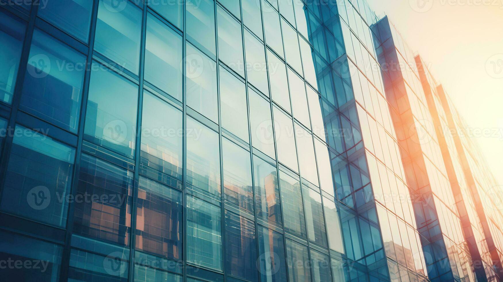 Modern building in the city with sunlight. Abstract texture and blue glass facade in modern office building. Retro stylized colorful tonal filter effect. Sunlight, Generative AI photo