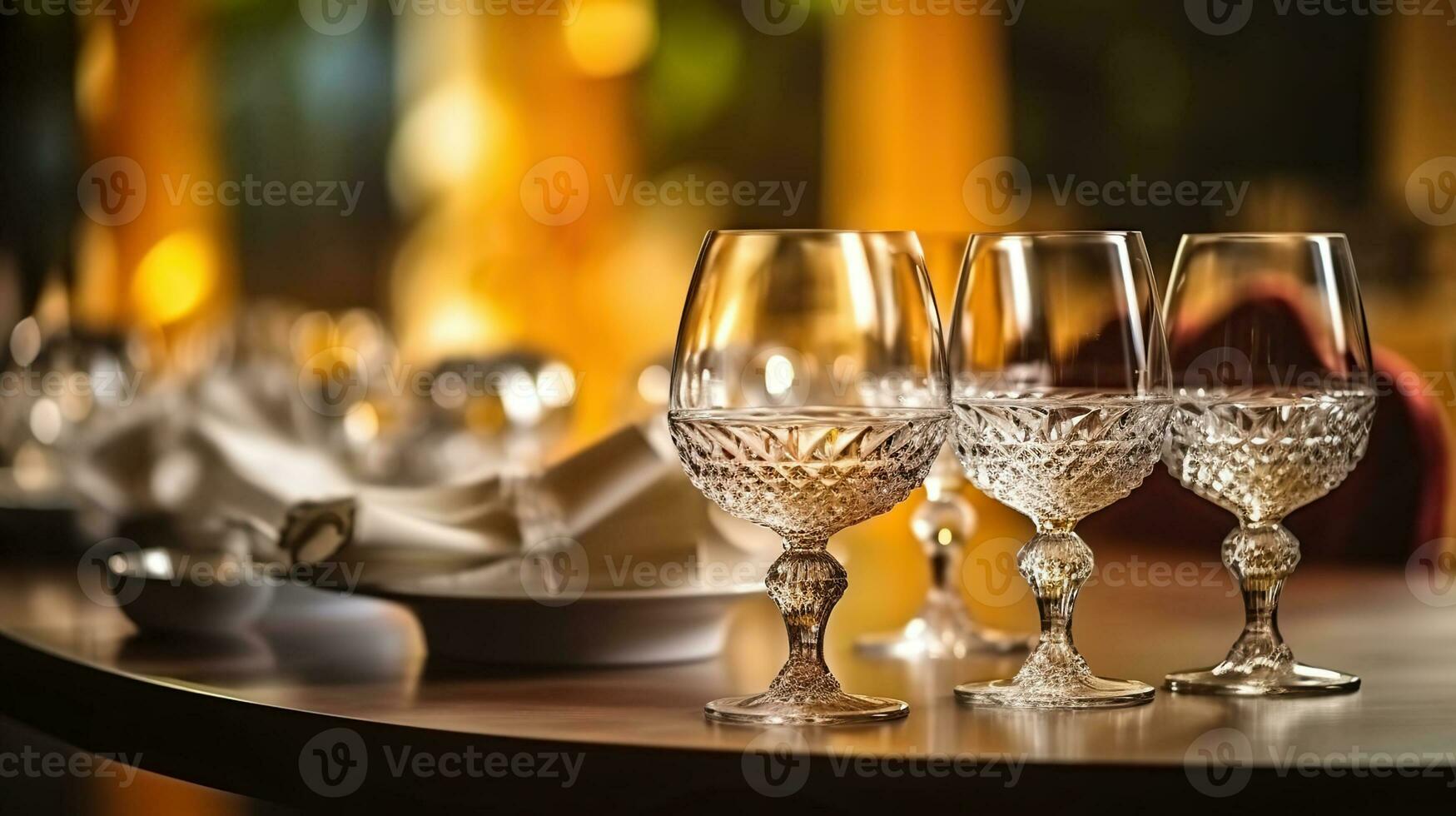 Sparkling glassware and plate on long table prepared for wedding dinner, Generative AI photo