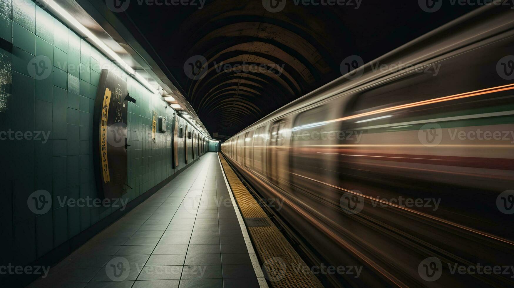 subterraneo túnel con borroso ligero pistas con llegando tren en el opuesto dirección. generativo ai foto