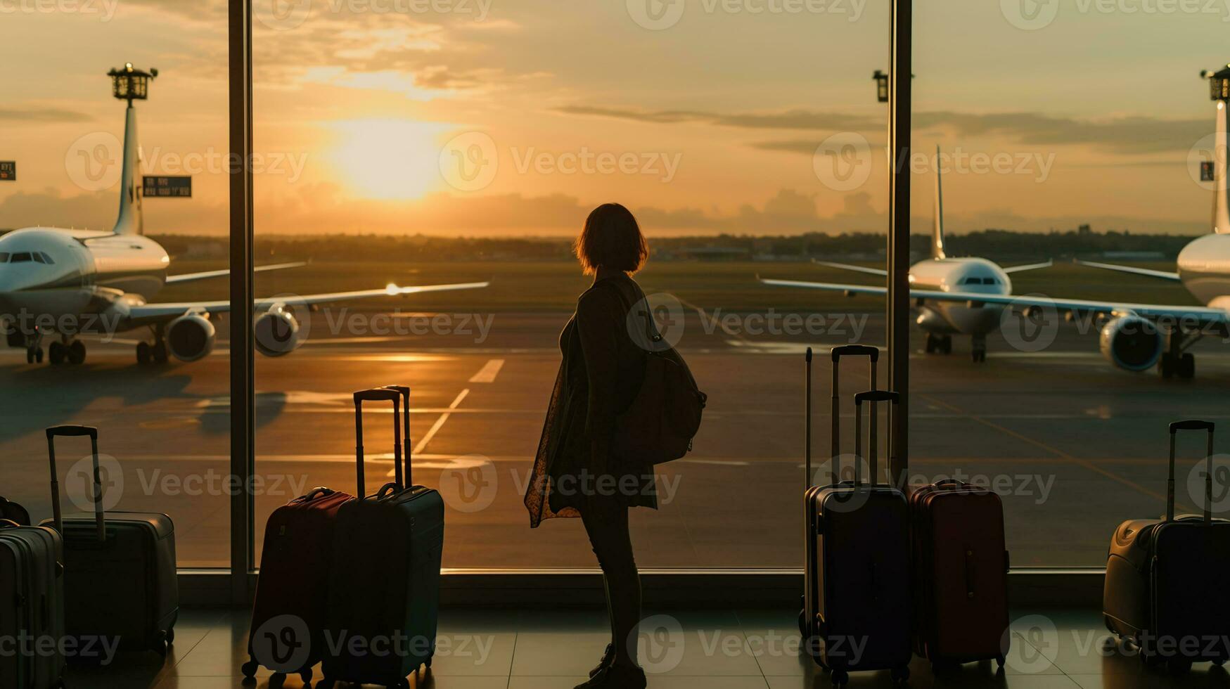 Travel tourist standing with luggage watching sunset at airport window. Unrecognizable woman looking at lounge looking at airplanes while waiting at boarding gate before departure. Generative ai photo