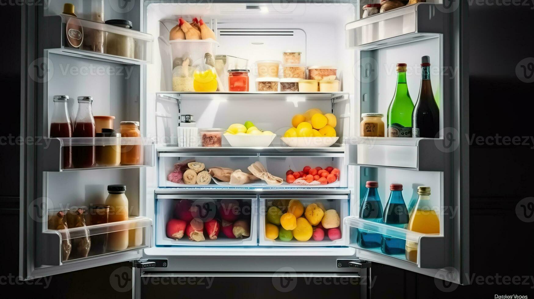 Refrigerator with different products in kitchen, AI Generative photo