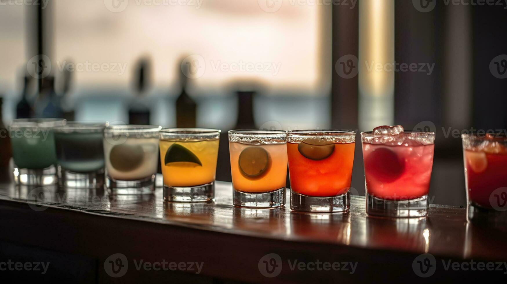 Bar counter with glasses of cocktail on the Beach, AI Generative photo