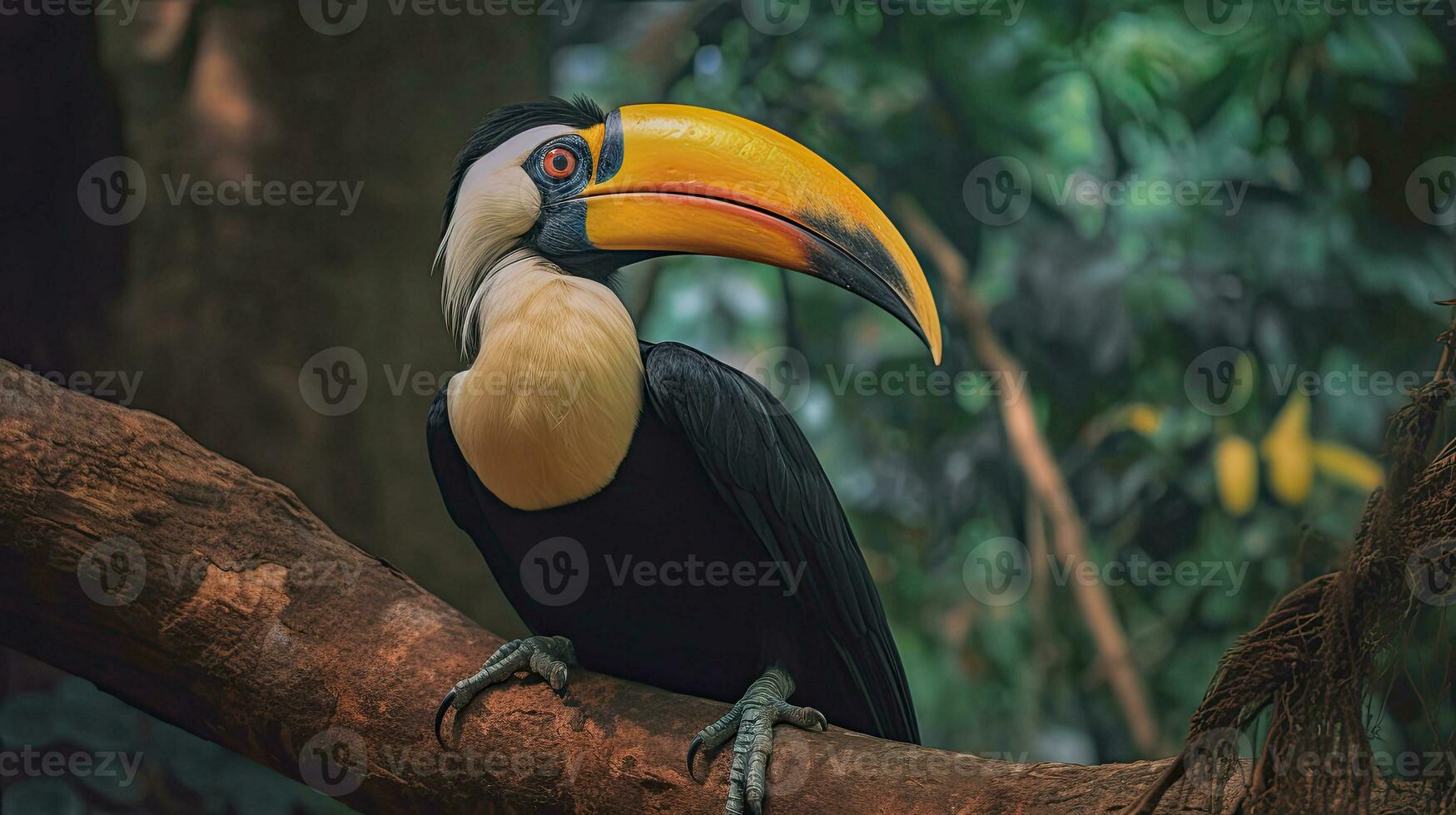 A Great Hornbill, also known as the great Indian hornbill or great pied hornbill, is one of the larger members of the hornbill family. Generative Ai photo