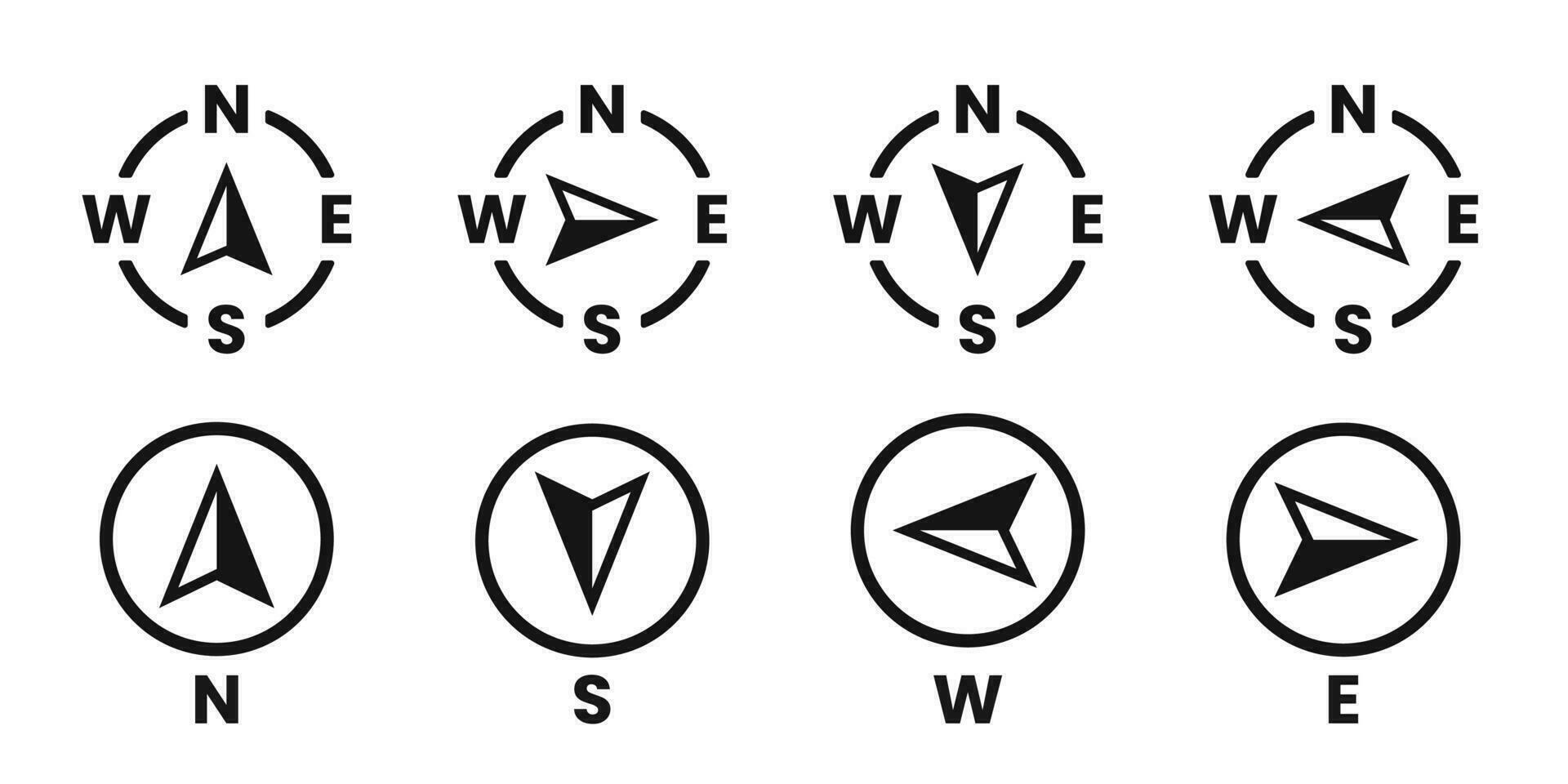 Vector compass icons of north, south, east, and west direction. Map symbol. Arrow icon.