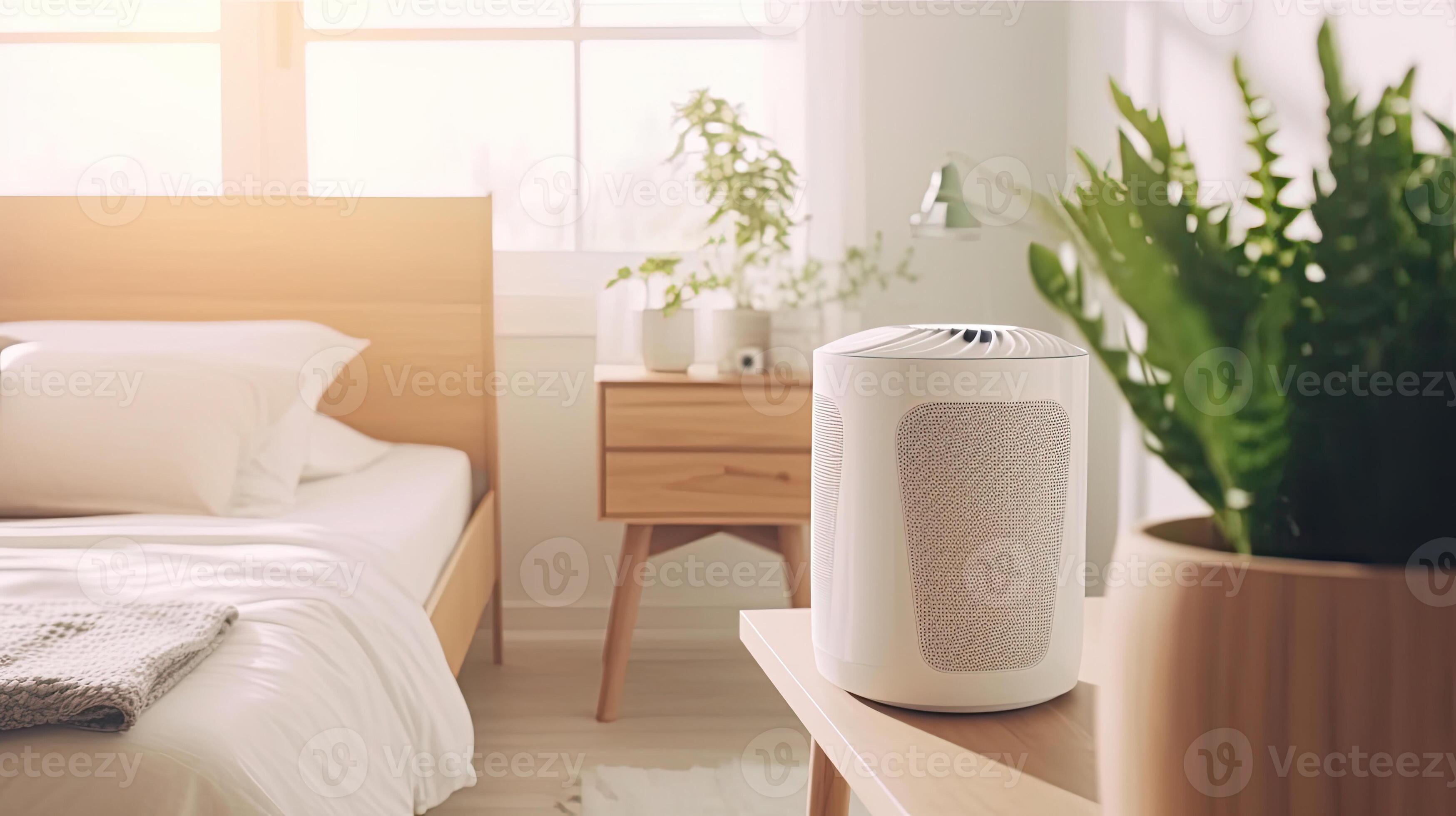 Air purifier in cozy white bedroom for filter and cleaning
