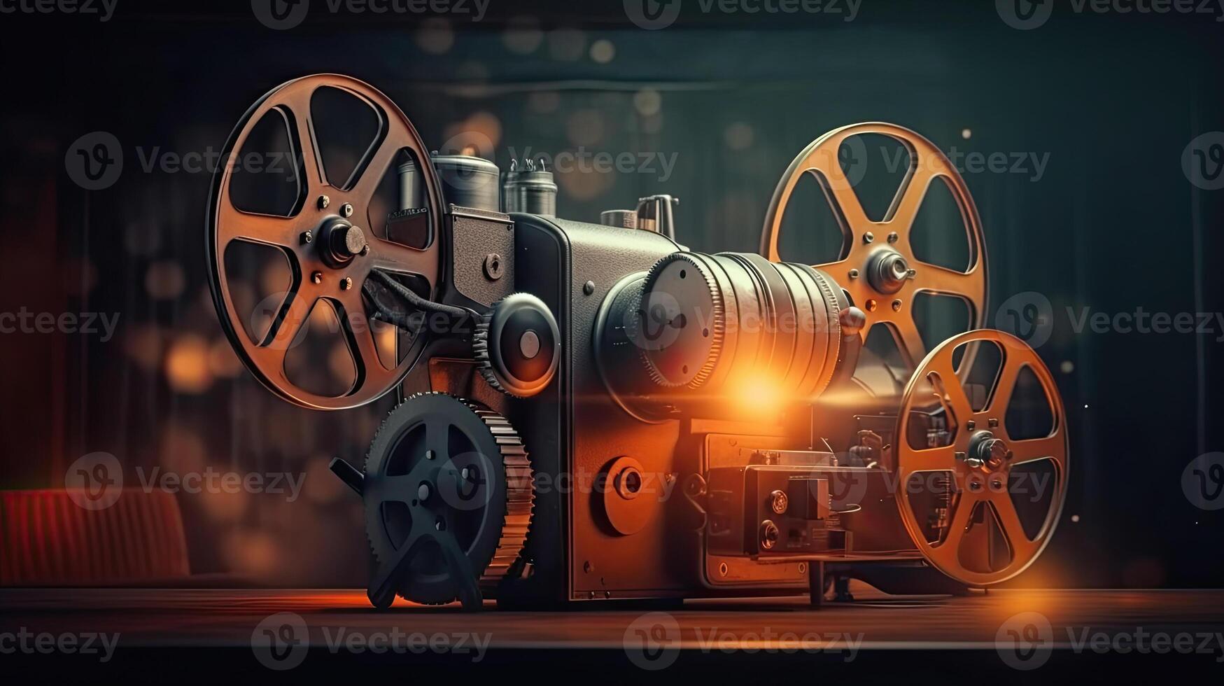 A movie projector and film reels on a dark background. Cinema concept