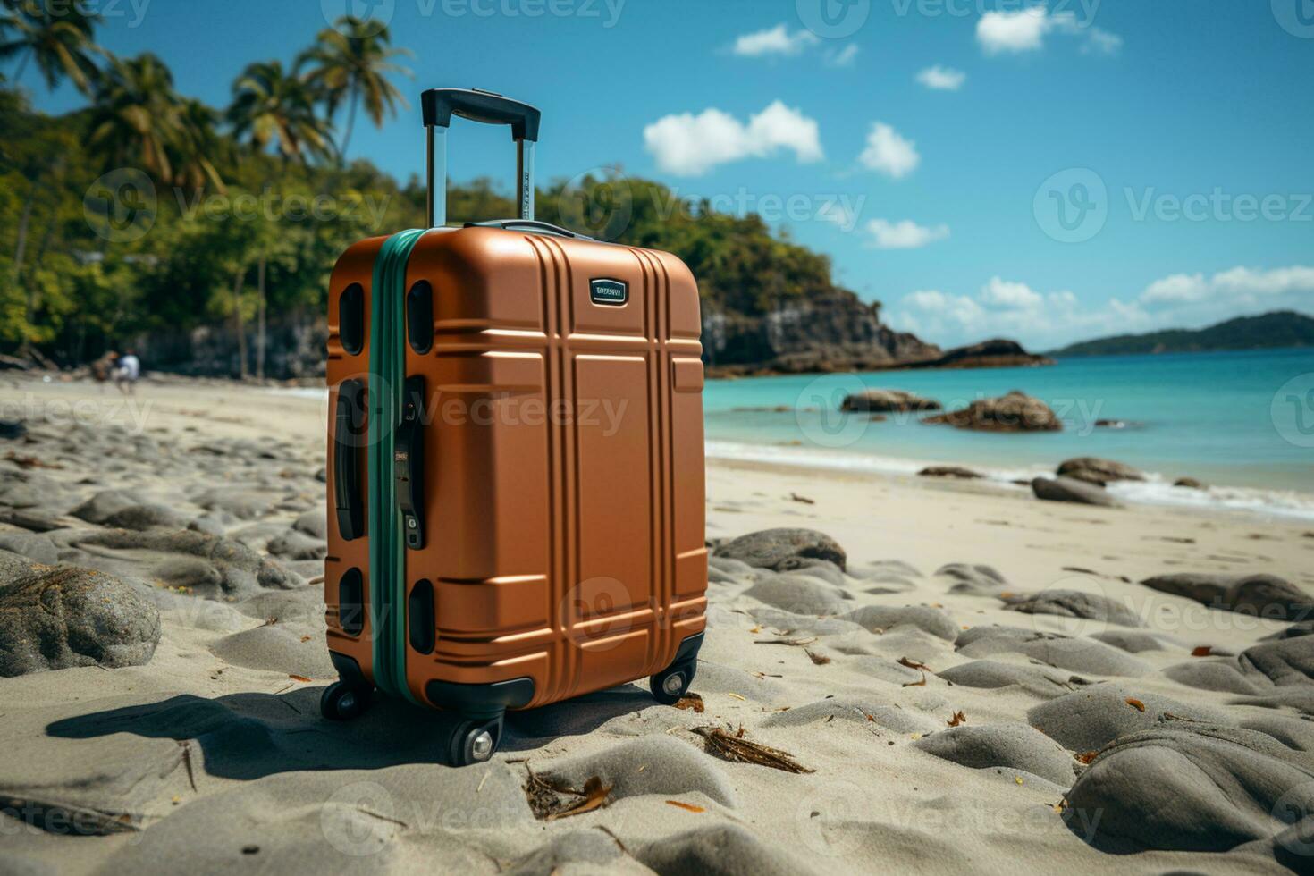 un viaje maleta posicionado en un arenoso playa ai generado foto