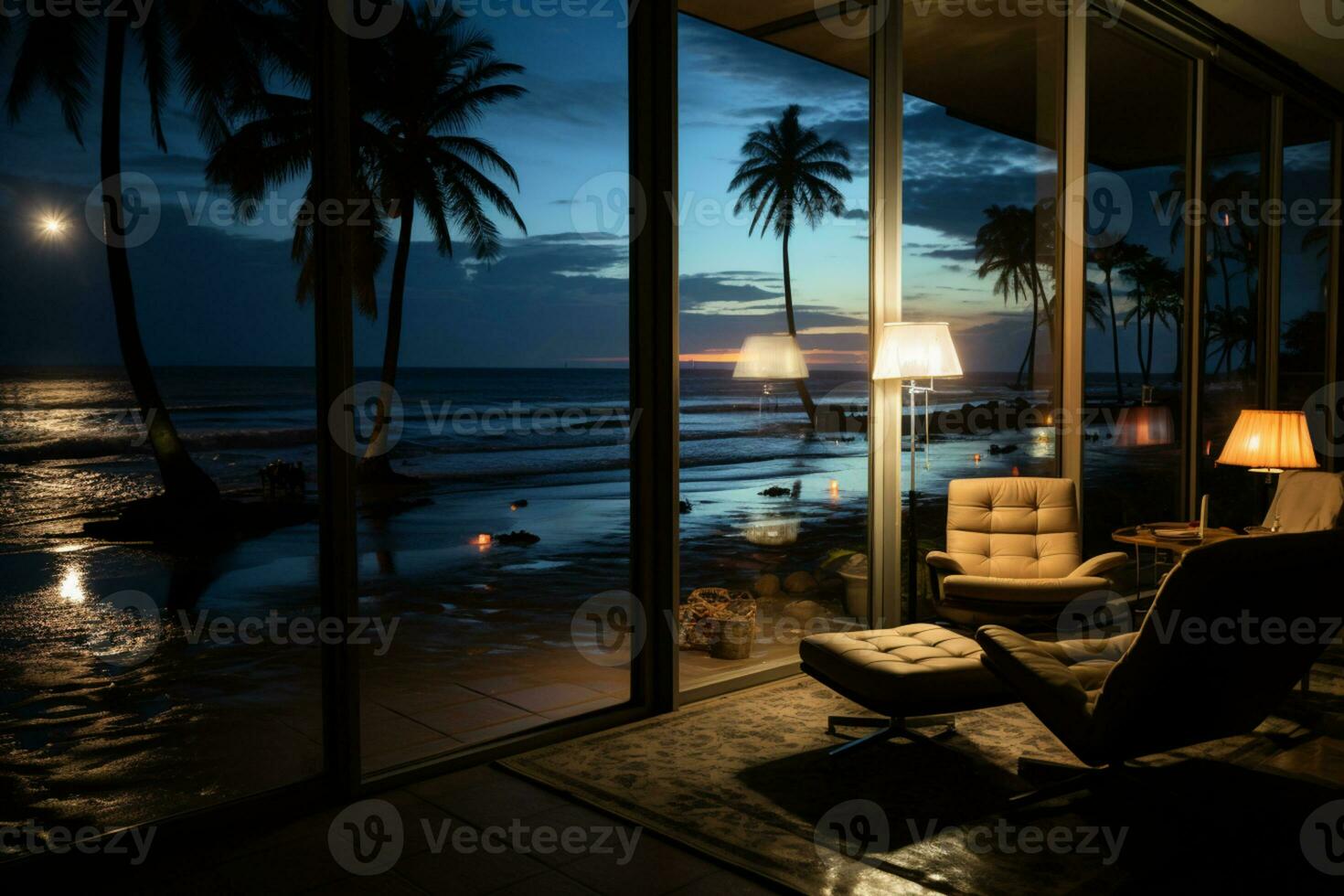 Hotel rooms view at nighttime, overlooking the beach AI Generated photo