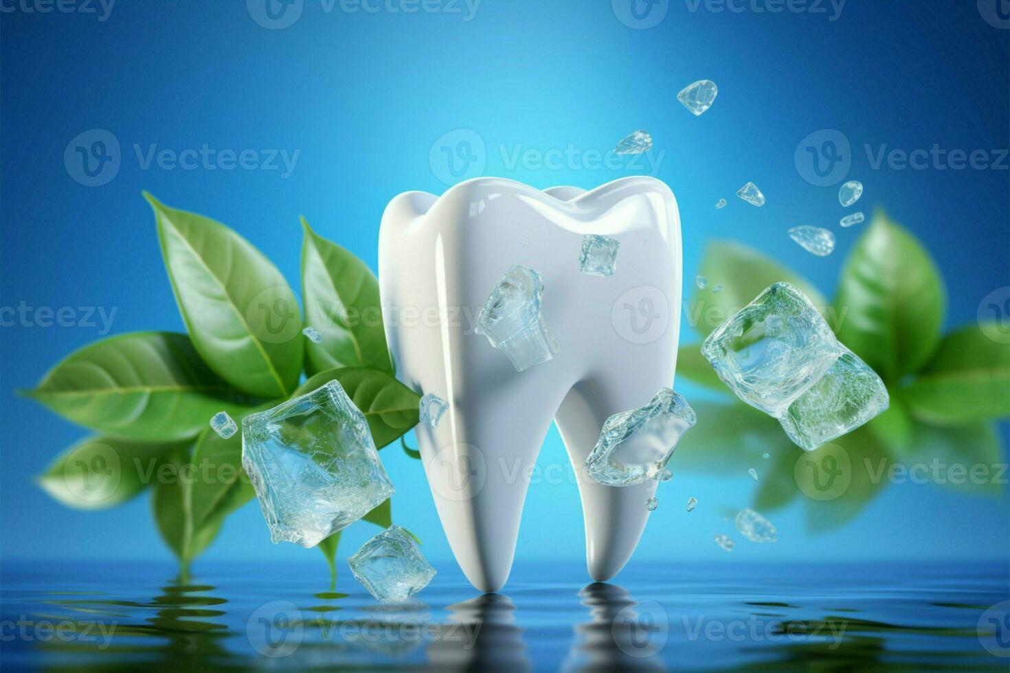Toothpaste ad template with giant tooth model, ice cubes, and mint leaves AI Generated photo