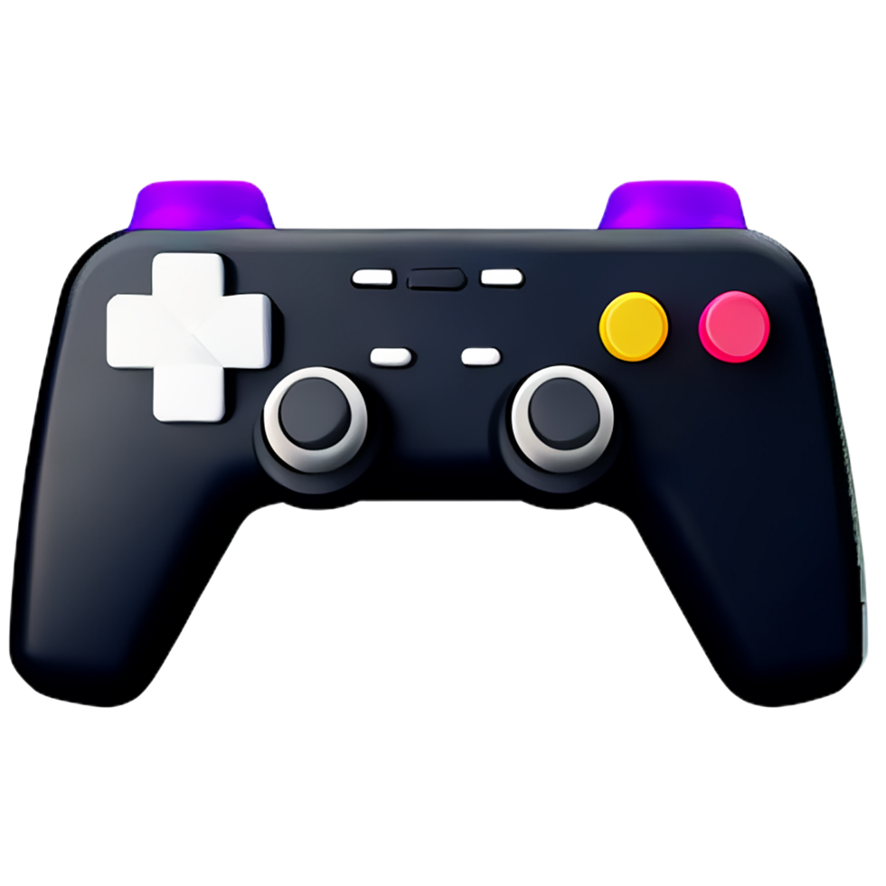 a black game controller with purple and yellow buttons png