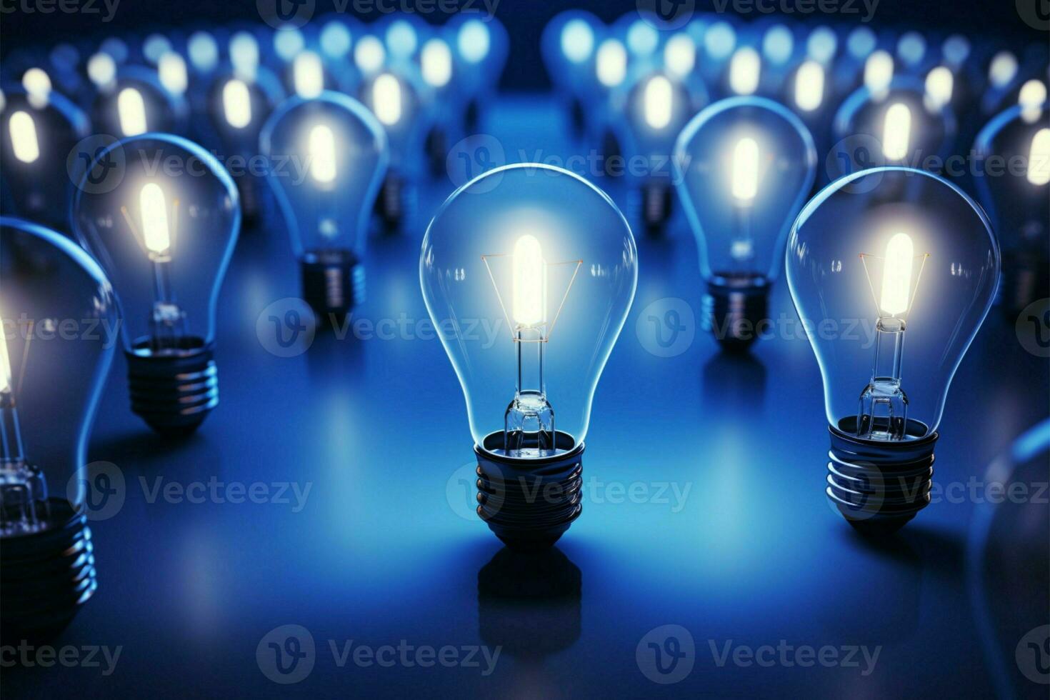 Smart thinking illustrated with a glowing lamp among blue lightbulbs AI Generated photo