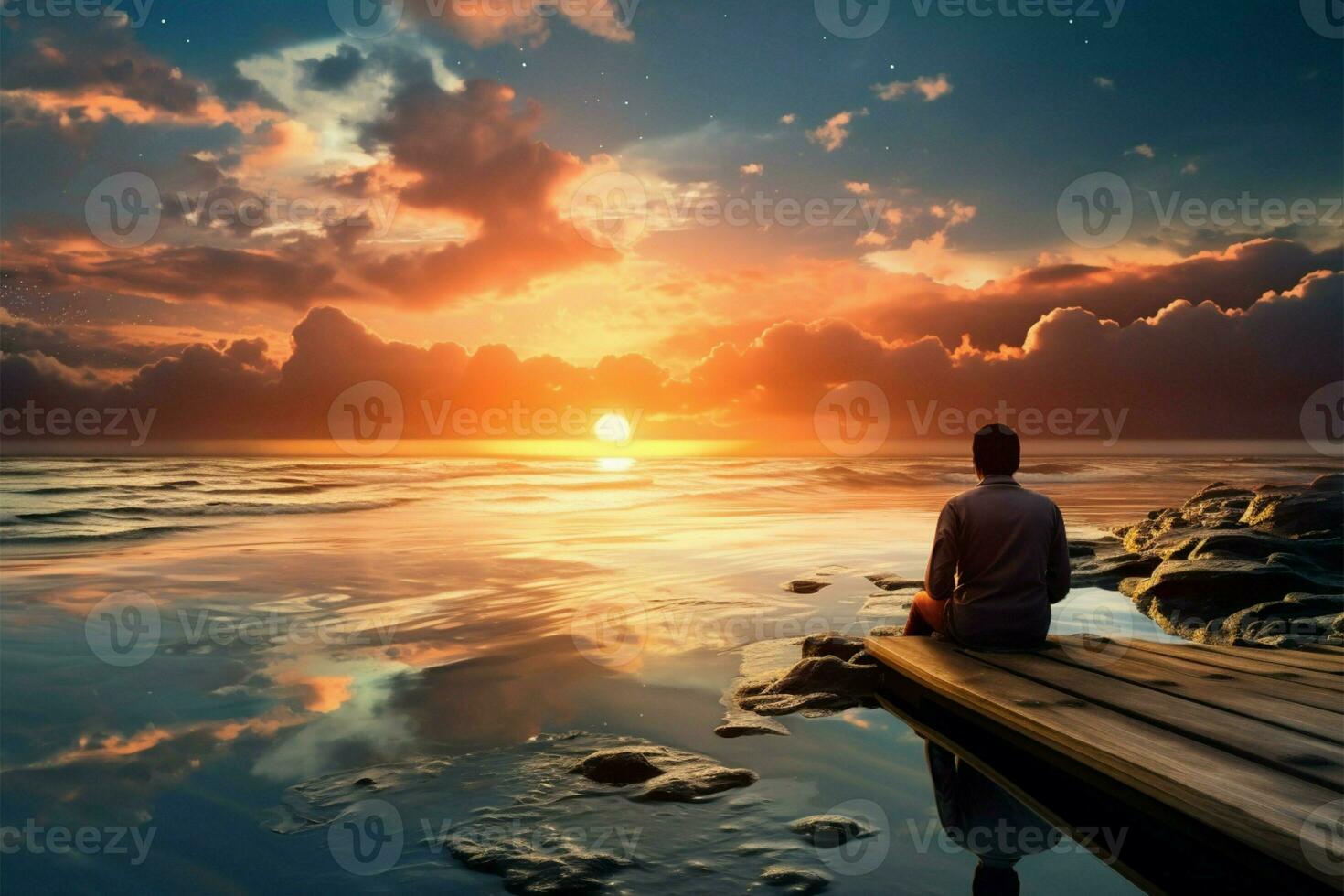 Amidst the tranquil sea, a man sits, admiring the sunset AI Generated photo