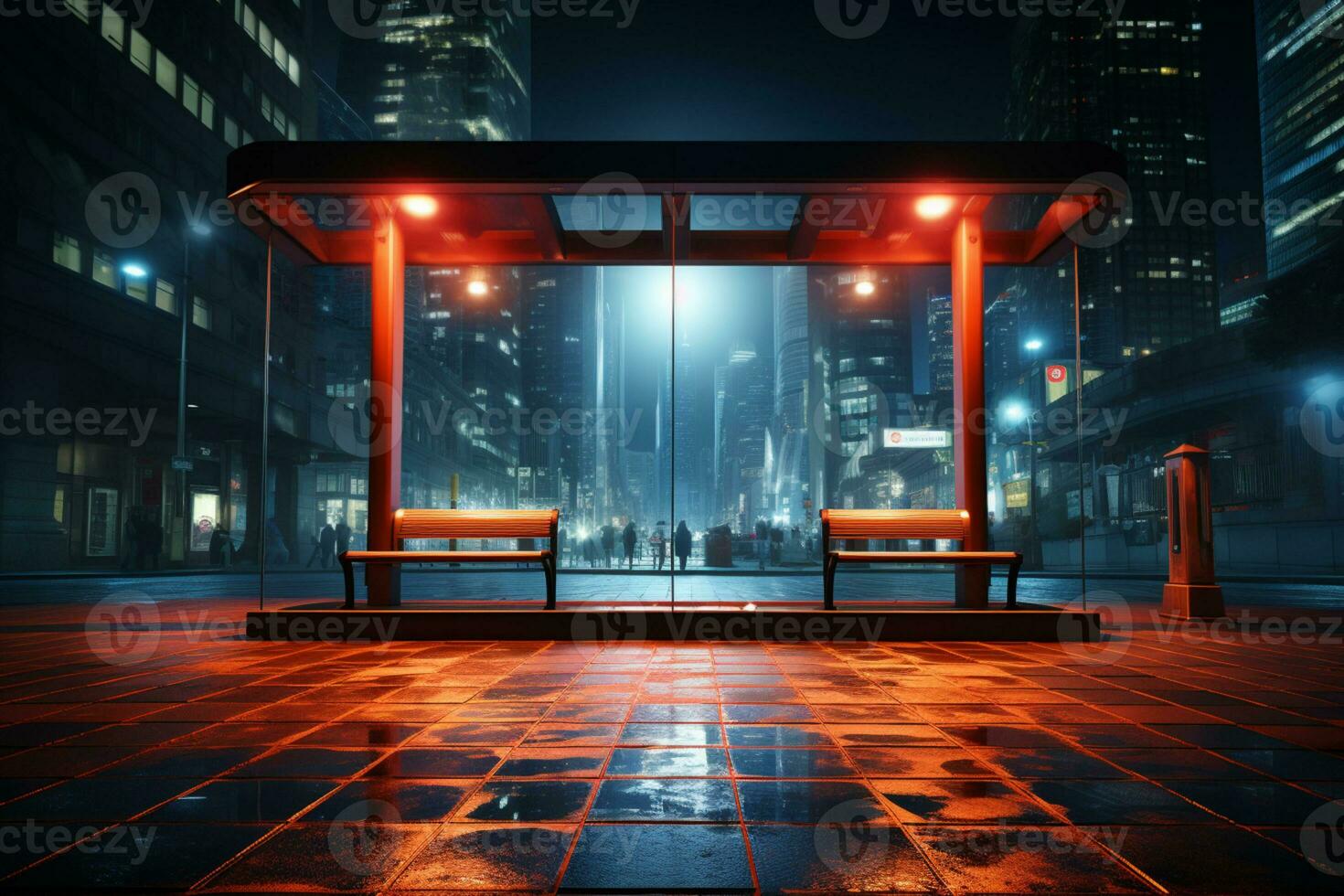 Cityscape backdrop, blank ad light box, night bus stop AI Generated photo