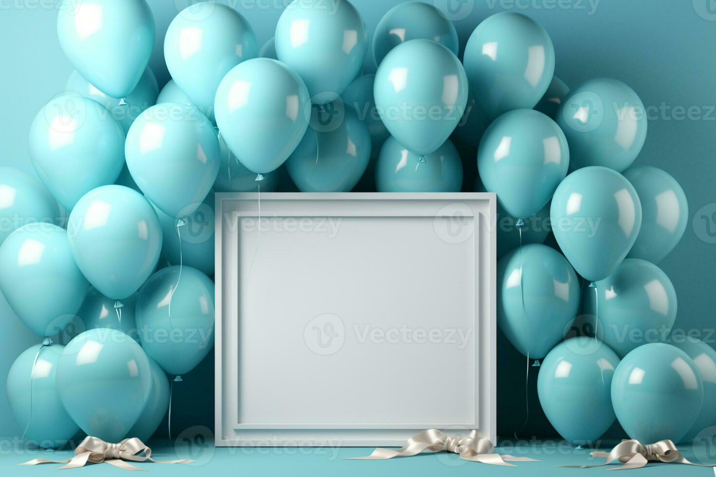 Balloons and frame, blue table, top view mockup, party planning AI Generated photo