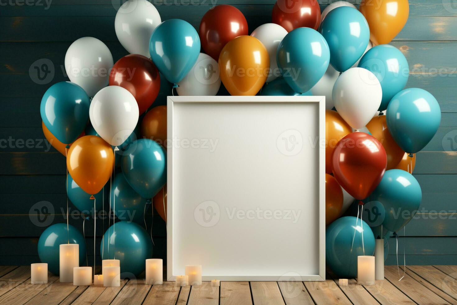 Festive mockup, colorful balloons, white frame, blue wooden table AI Generated photo