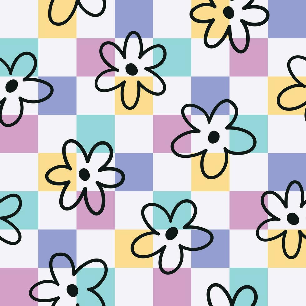 Floral checkered seamless pattern. Chessboard pattern. Checkered seamless file. Flowers repeat pattern. Plaid seamless design. Spring seamless paper. vector