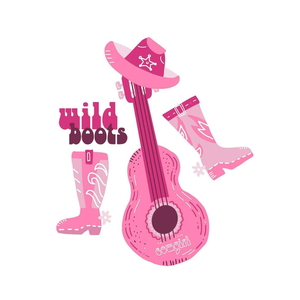 Retro Pink Cowgirl isolated print with grioovu cowboy boots, hat and guitar. Wild boots - vintage quote. Pink Cowboy western and wild west theme. Hand drawn flat vector sticker.