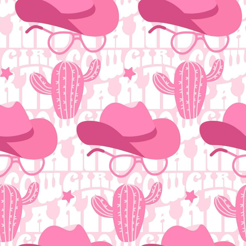Retro seamless pattern with different Cowgirl hat, cactus, vintage sunglasses and text phrase on background. Pink Wild West fashion style vector for invitation, wrapping paper, packaging etc.