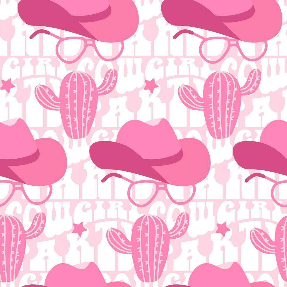 retro sin costura modelo con diferente vaquera sombrero, cactus, Clásico Gafas de sol y texto frase en antecedentes. rosado salvaje Oeste Moda estilo vector para invitación, envase papel, embalaje etc.