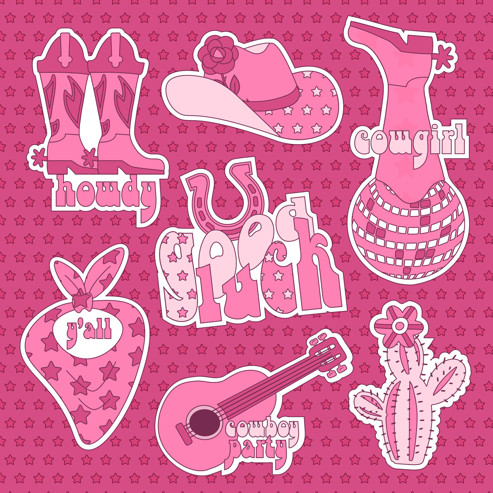 Set of pink stickers pink cowgirl wild west theme. Pink wild west