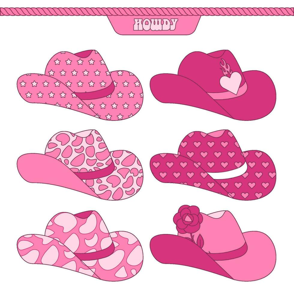 Retro Pink Cowgirl hats collection with various print patterns. 60s Howdy Cowboy western and wild west theme. Hand drawn contour flat vector illustration.