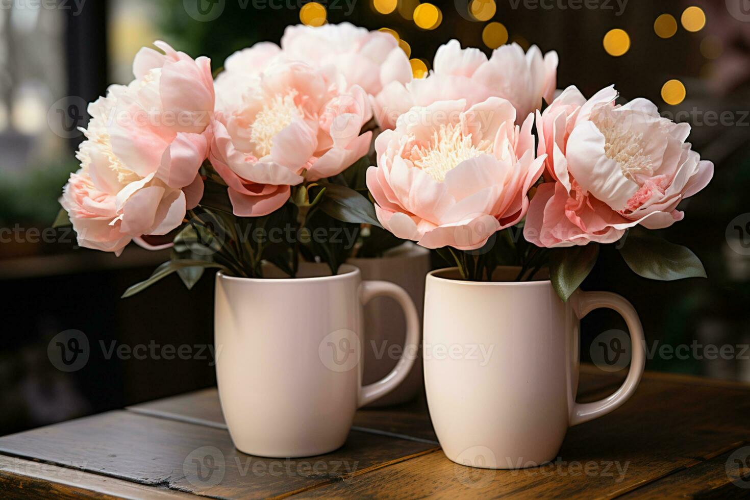 Boho-style wedding mockup, peony, wooden background, two white mugs AI Generated photo