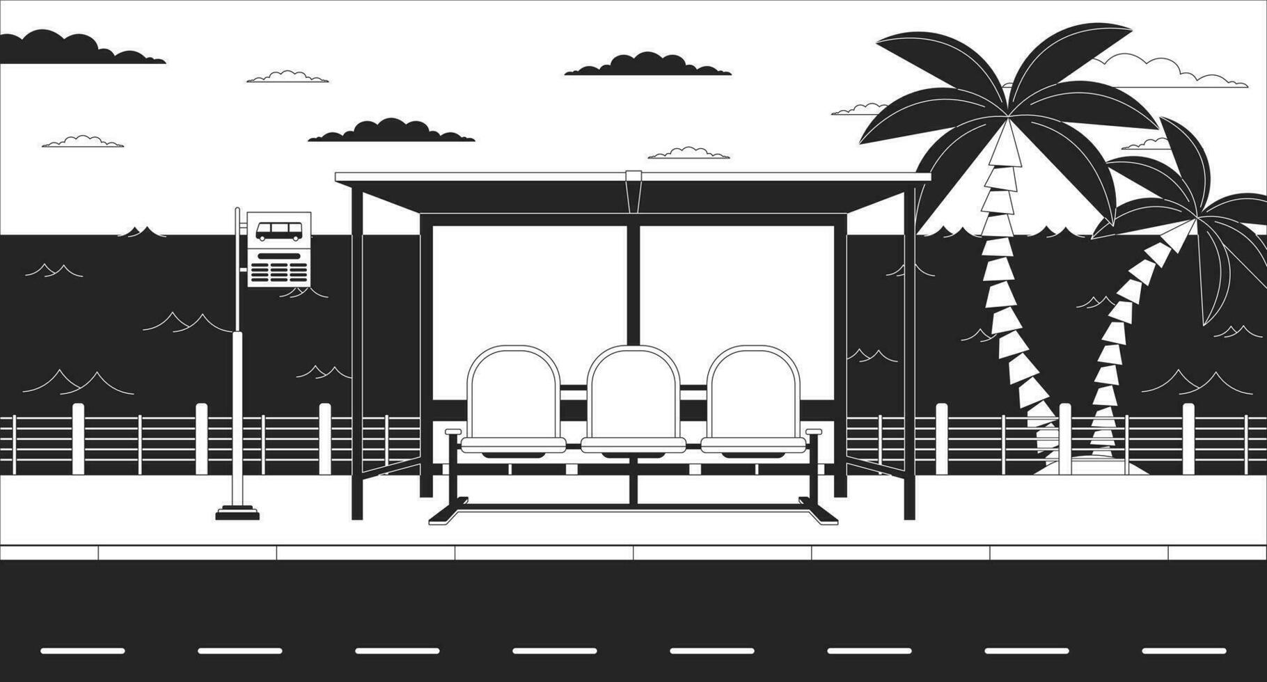 Bus stop bench on twilight waterfront black and white lo fi aesthetic wallpaper. Waiting for bus, tropical city outline 2D vector cartoon landscape illustration, monochrome lofi background