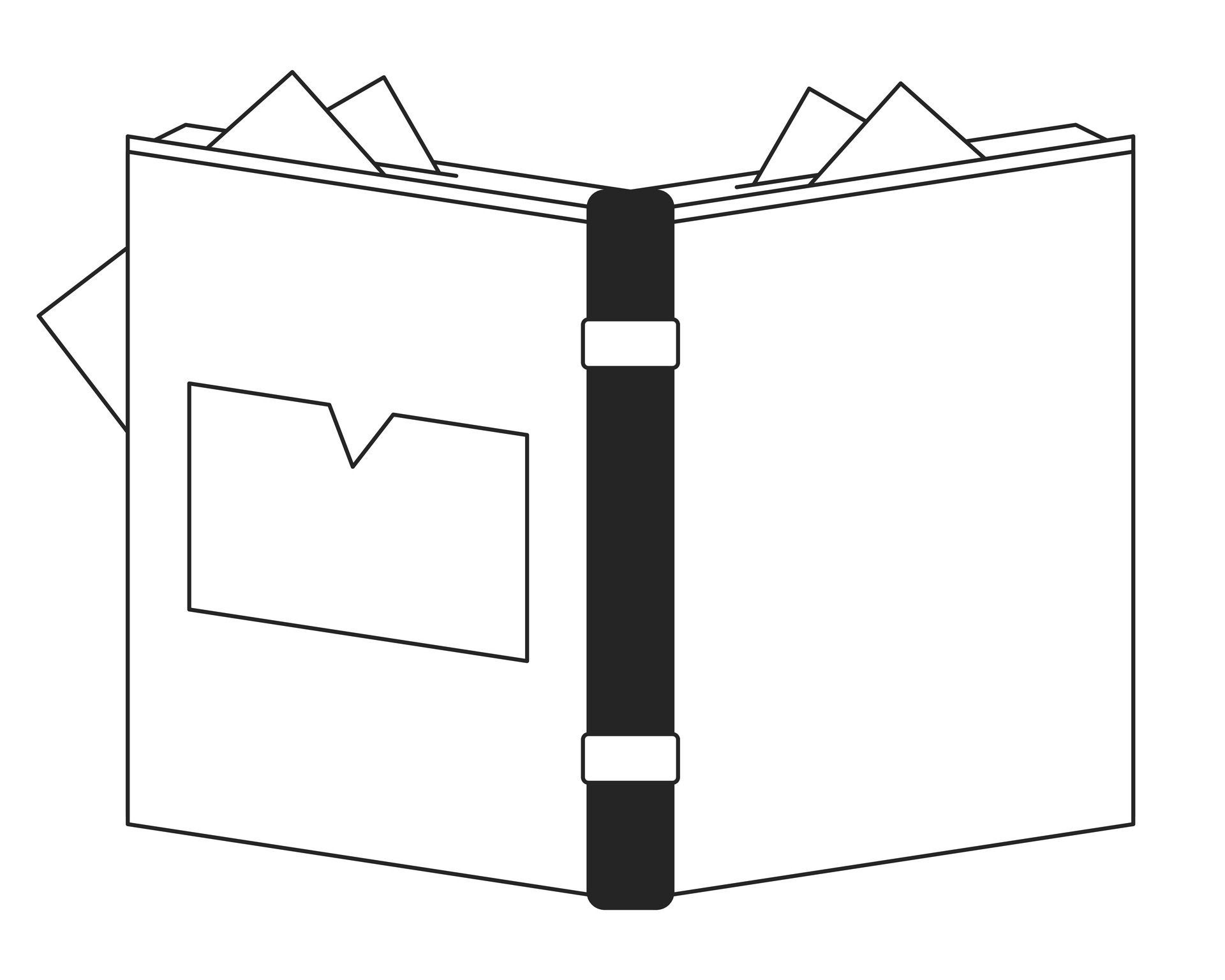 Opened book with bookmarks flat monochrome isolated vector object