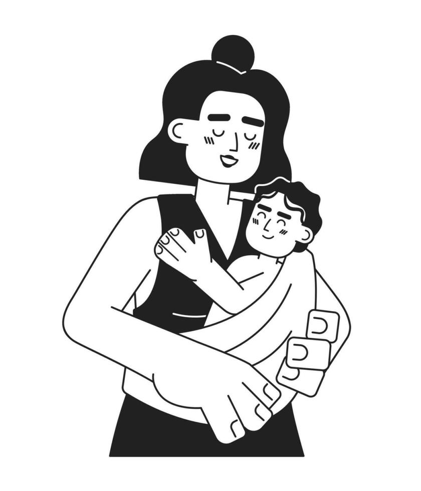 Happy maternity monochrome concept vector spot illustration. Cheerful latina mother holding baby in sling 2D flat bw cartoon characters for web UI design. Isolated editable hand drawn hero image