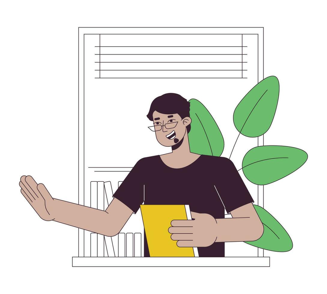 Man greeting flat line concept vector spot illustration. Neighbor. Indian male with book on balcony 2D cartoon outline character on white for web UI design. Editable isolated color hero image