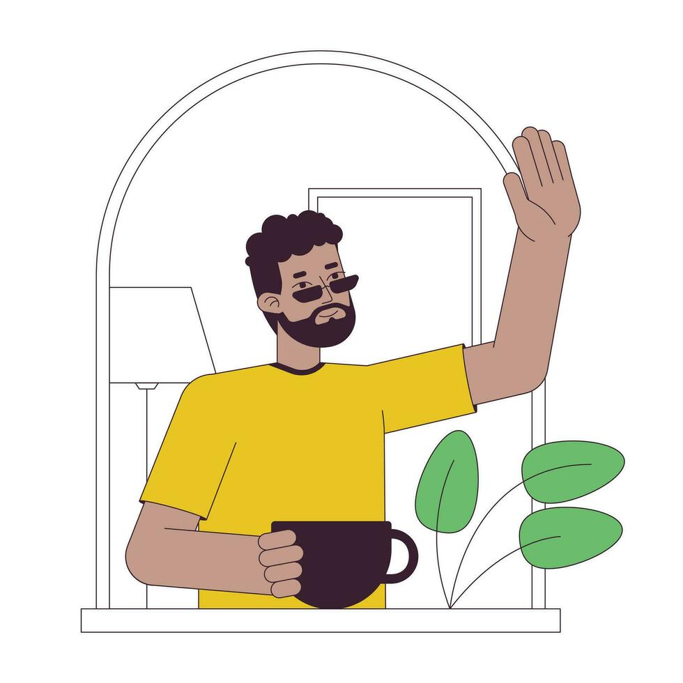 Afro neighbour flat line concept vector spot illustration. Good neighborhood. Man waving from window 2D cartoon outline character on white for web UI design. Editable isolated color hero image