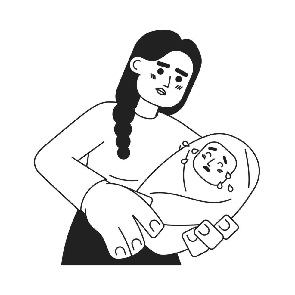 Challenges of motherhood monochrome concept vector spot illustration. Baby crying on mother hands 2D flat bw cartoon characters for web UI design. Parenting isolated editable hand drawn hero image