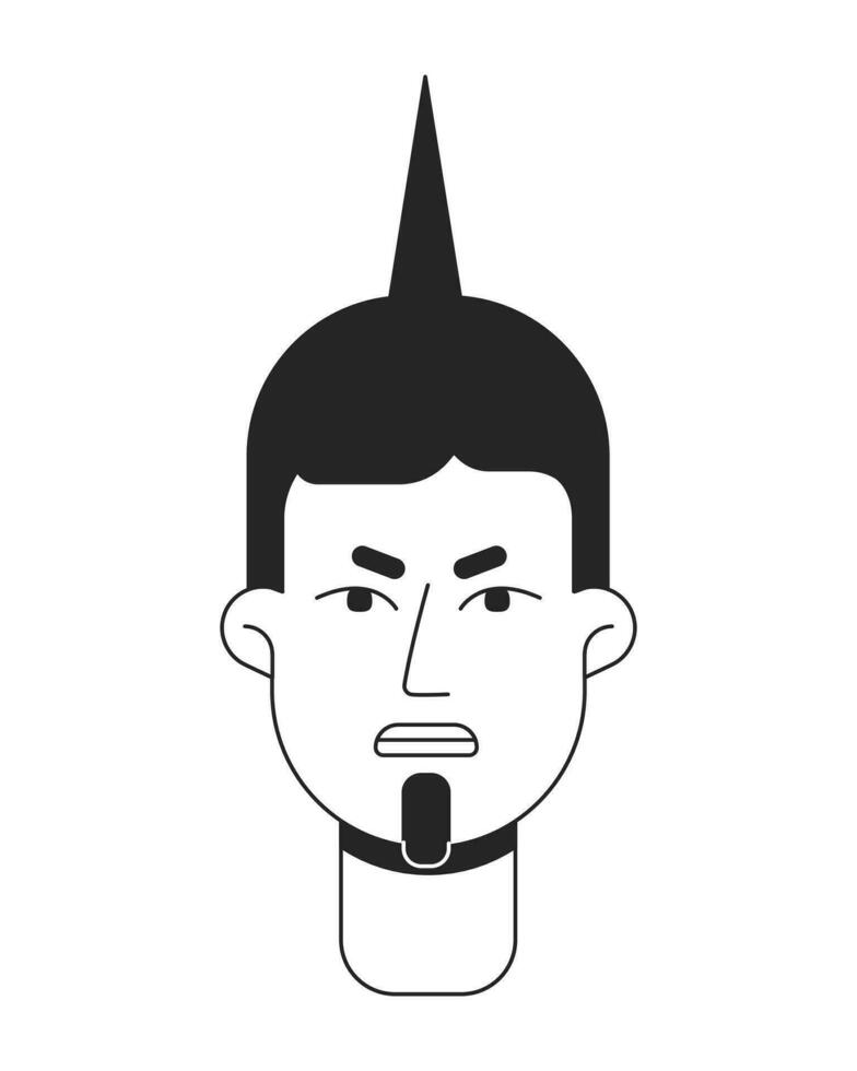 Angry man monochrome flat linear character head. Brunette punk hairstyle. Rebel. Editable outline hand drawn human face icon. 2D cartoon spot vector avatar illustration for animation