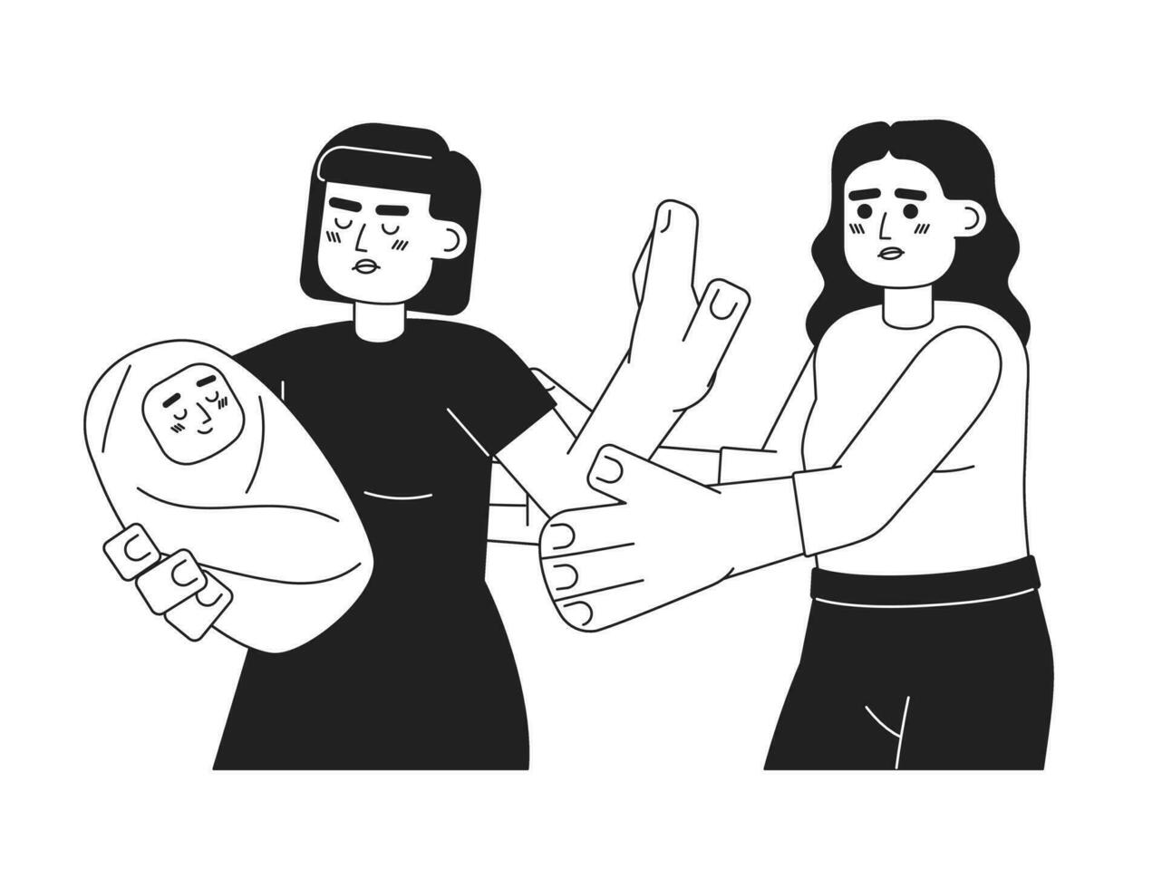 hacer no toque bebé monocromo concepto vector Mancha ilustración. detener extraño. asiático mujer proteger recién nacido 2d plano bw dibujos animados caracteres para web ui diseño. aislado editable mano dibujado héroe imagen