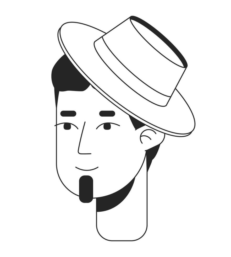 Relaxed caucasian man in hat monochrome flat linear character head. Positive. Showing emotion. Editable outline hand drawn human face icon. 2D cartoon spot vector avatar illustration for animation