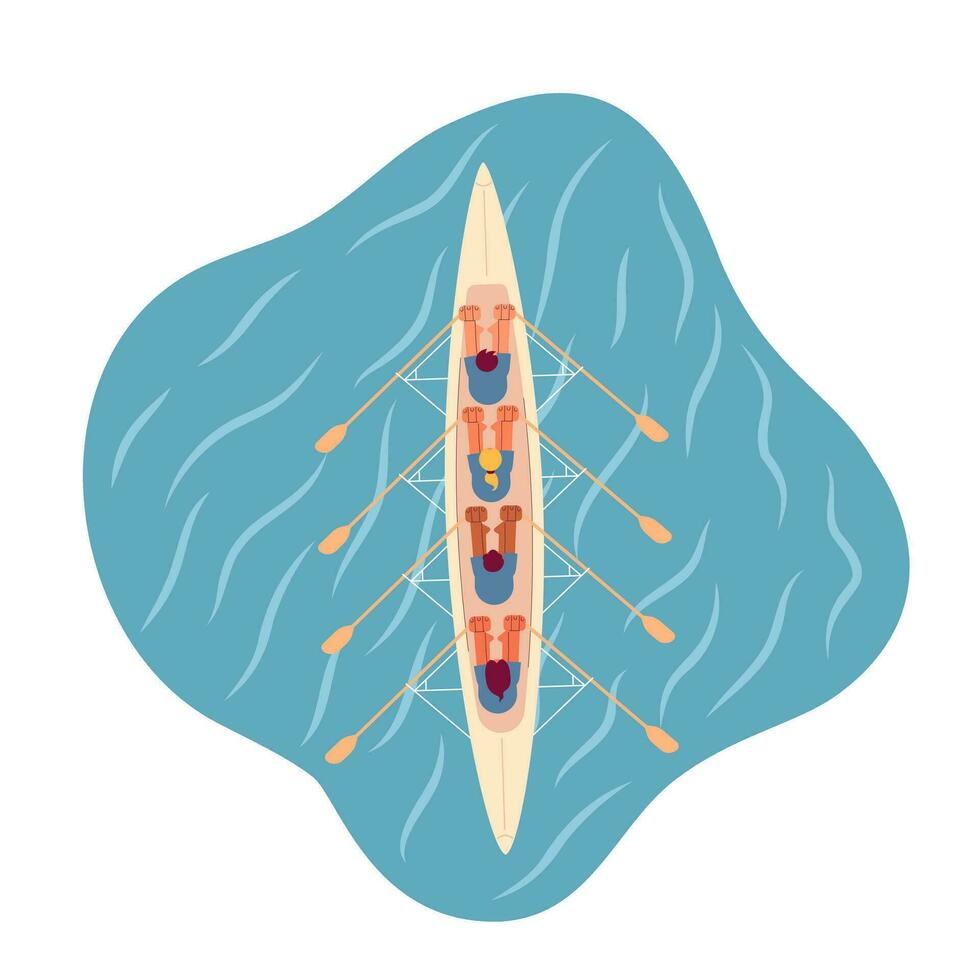 kayak equipo deporte plano concepto vector Mancha ilustración. parte superior ver de cuatro remeros en mar. campeonato 2d dibujos animados caracteres en blanco para web ui diseño. aislado editable creativo héroe imagen