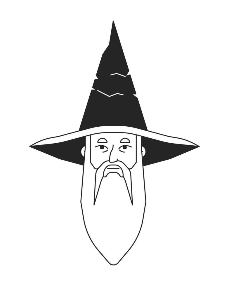 Old bearded man monochrome flat linear character head. Wizard hat. Editable outline hand drawn human face icon. 2D cartoon spot vector avatar illustration for animation