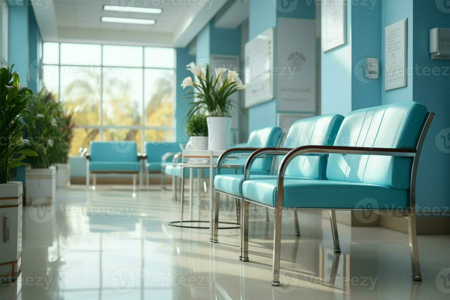 Clinic interior background, defocused, creating an abstract and calming atmosphere AI Generated photo