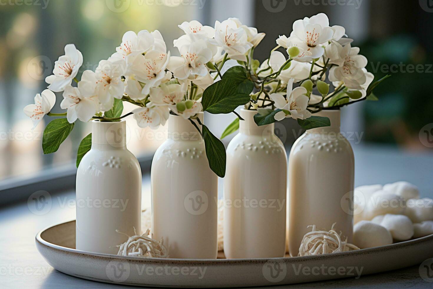 Serene spa setting Cosmetic bottles, flower accented cream on white table pure relaxation AI Generated photo