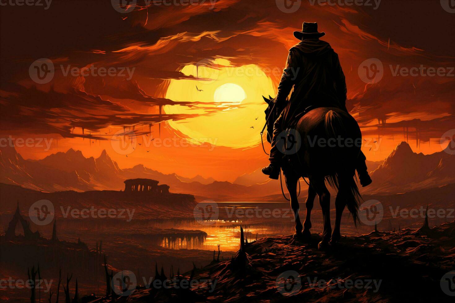 Silhouette rider, open plain, western sunset AI Generated photo