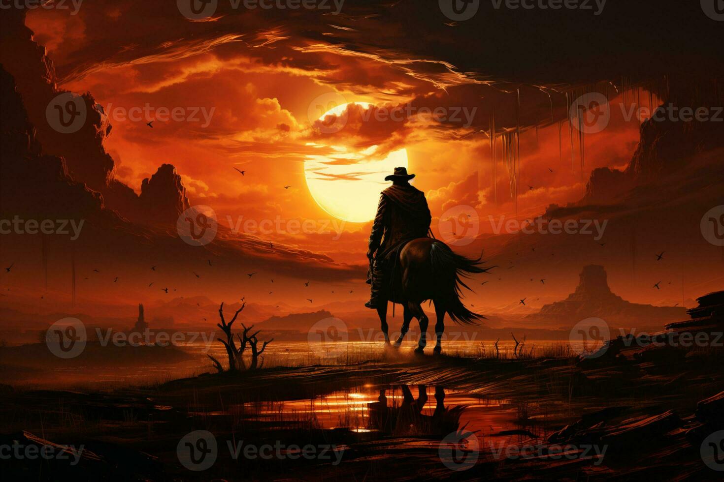 Cowboy silhouette, riding the plains, sunsets blue AI Generated photo