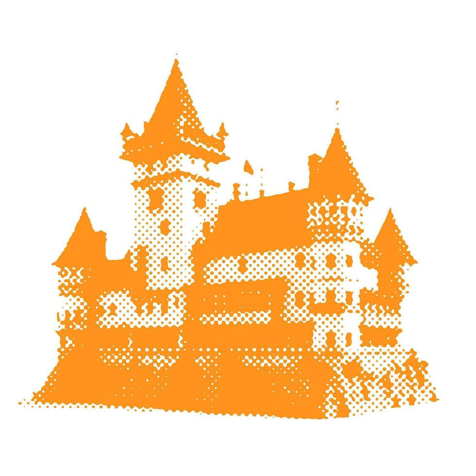 Dracula's sinister castle - Halloween halftone dotted realistic clipart. Offset texture Vintage illustration in 90s grunge style. vector
